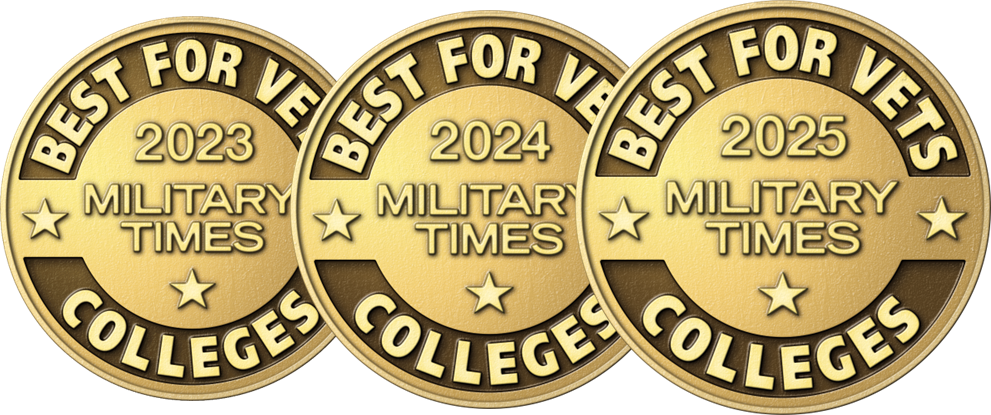 Military Times Best for Vets Colleges award badges for 2023, 2024, and 2025
